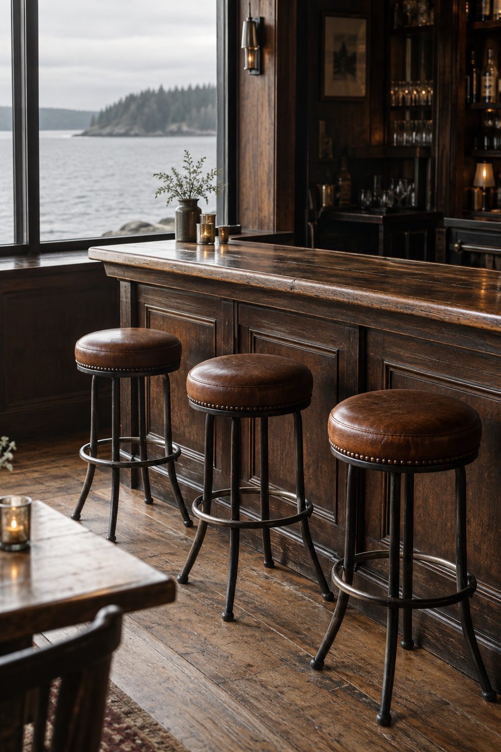 Three empty stools at a wooden bar overlooking grey water