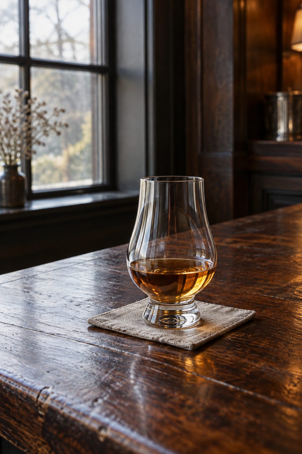 A tulip glass of amber whiskey beside a softly lit window