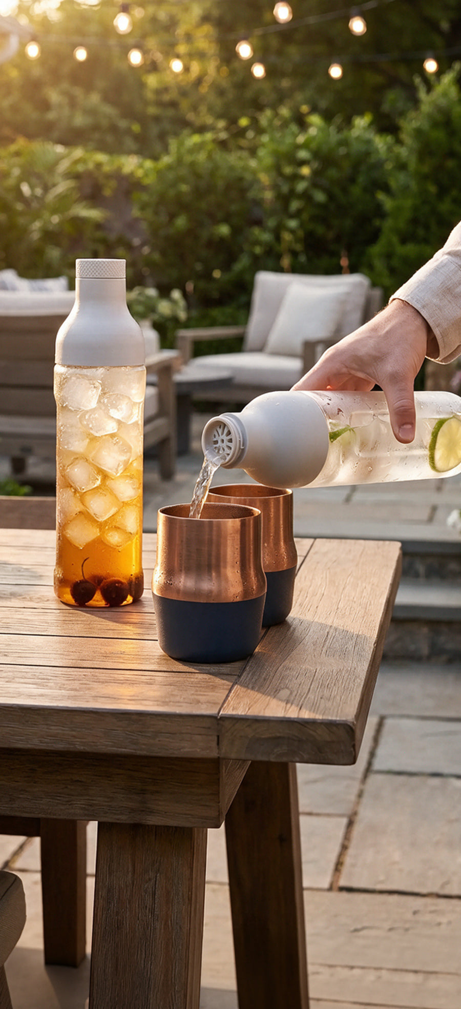 Cocktail being poured from a white-topped Batch Bottle into a cup at an outdoor table