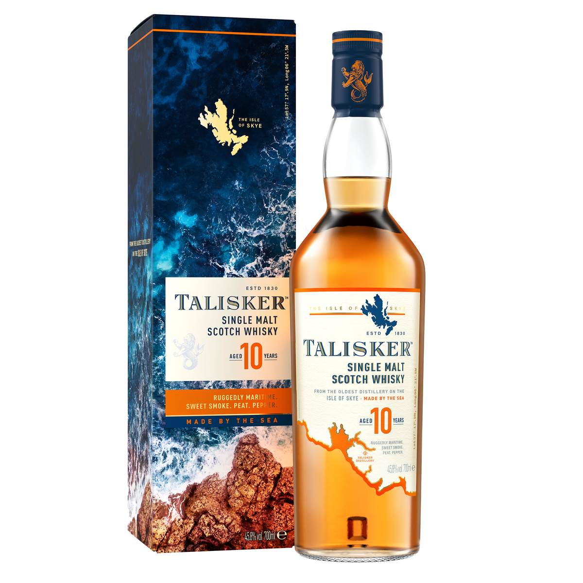 Talisker 10 bottle and presentation box on a white background