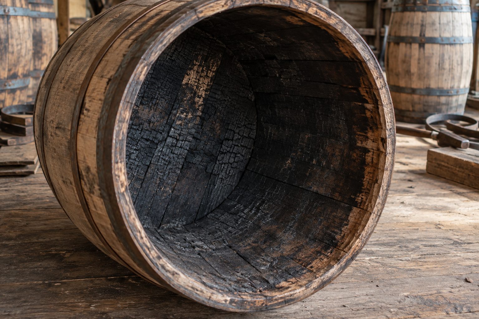 The charred interior of an oak barrel