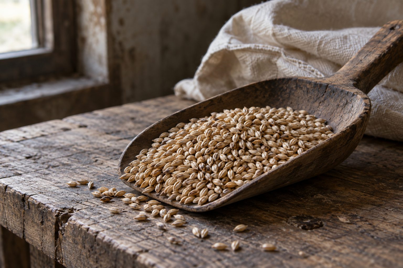 AI illustration: Barley grains on a worn wooden shovel