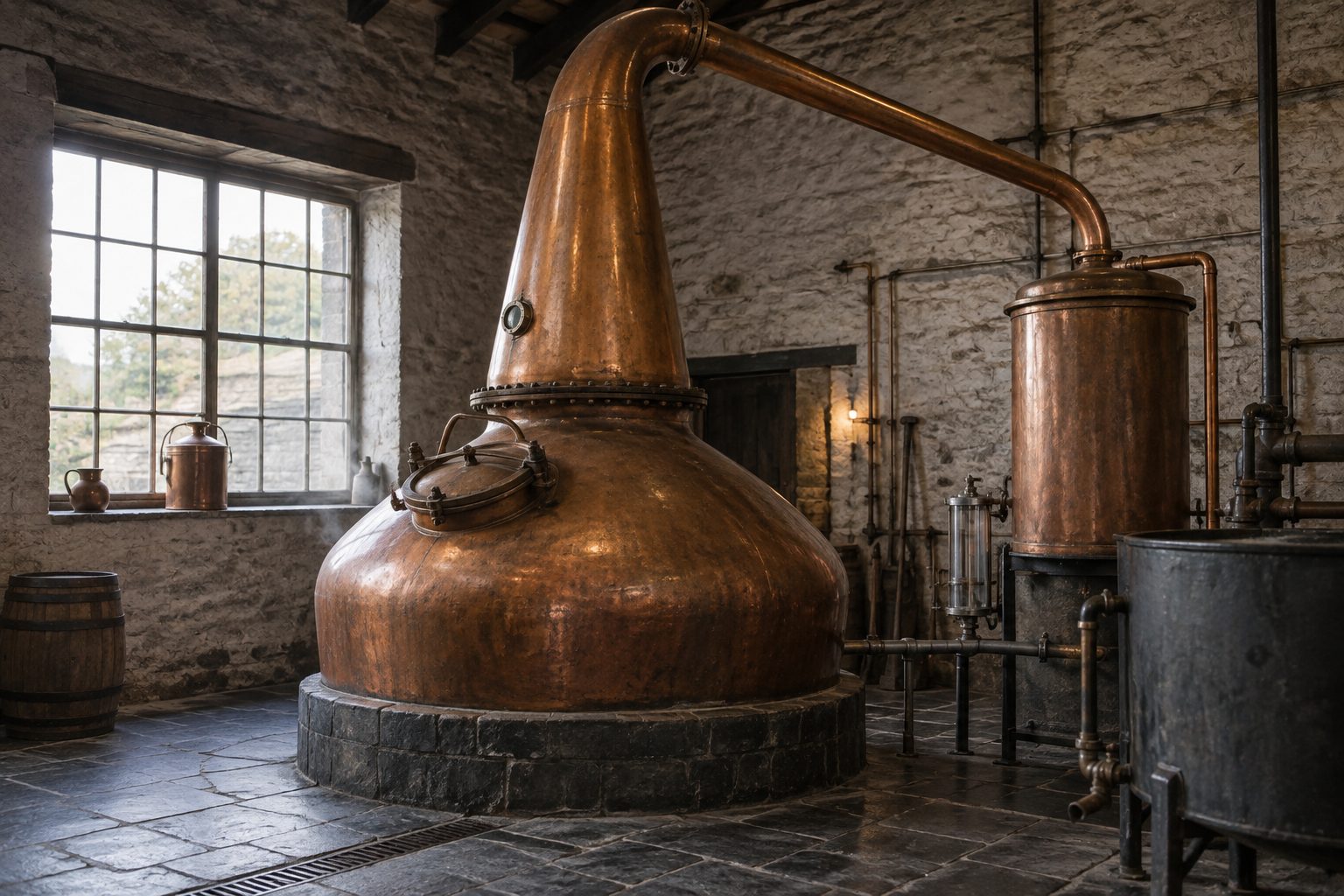 Copper distillation equipment in a warmly lit stillhouse