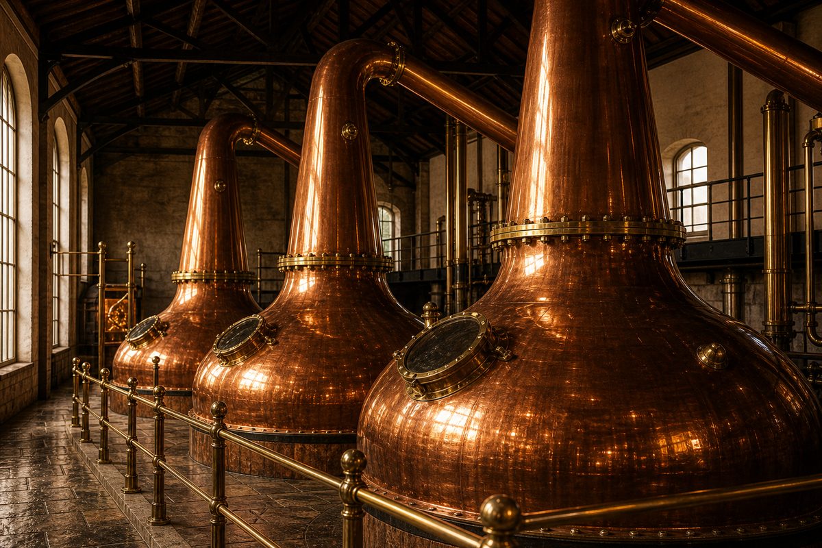 Copper pot stills in an Irish distillery stillhouse