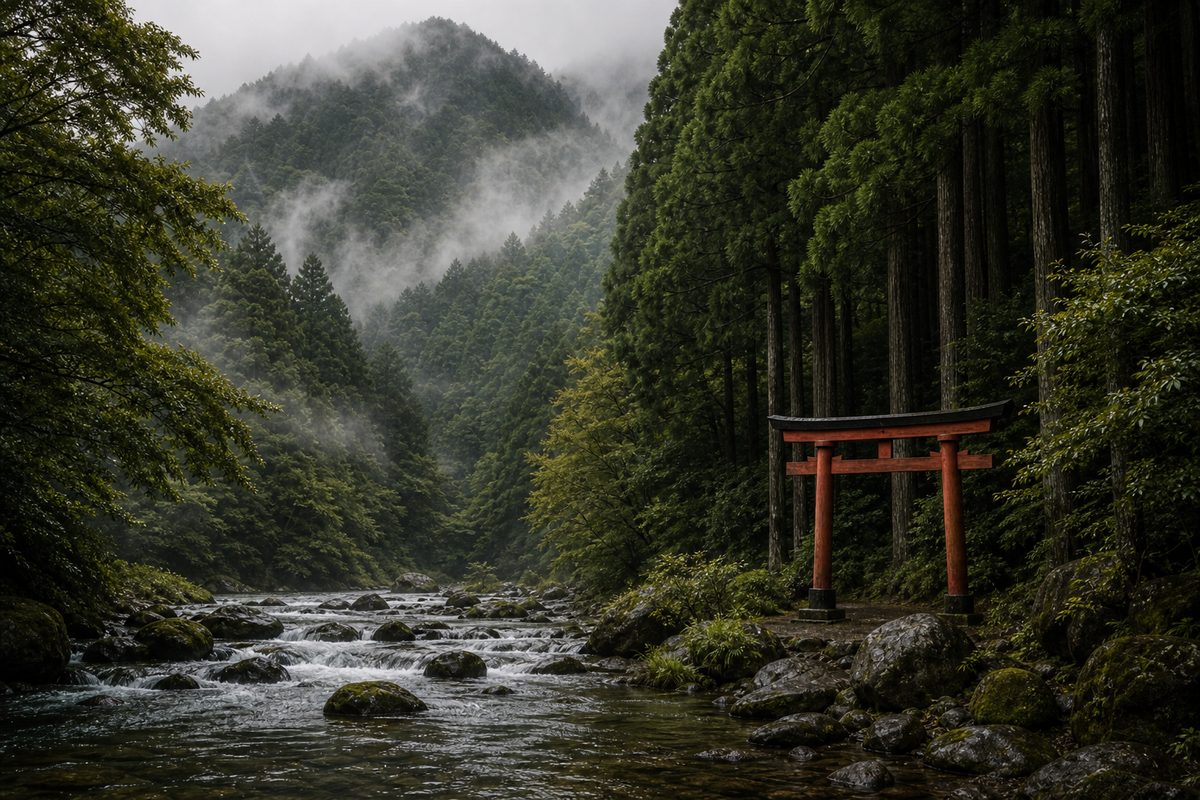 Japanese distillery landscape among forested mountains