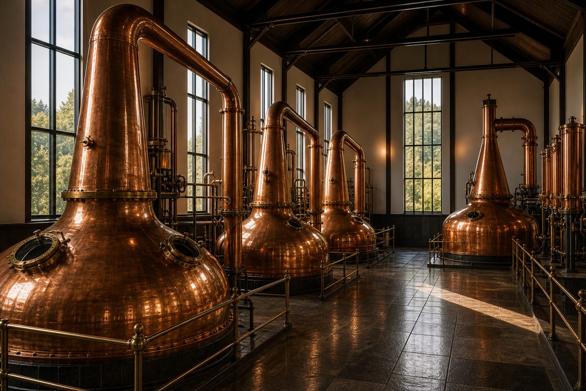 Copper pot stills inside a Japanese whisky stillhouse
