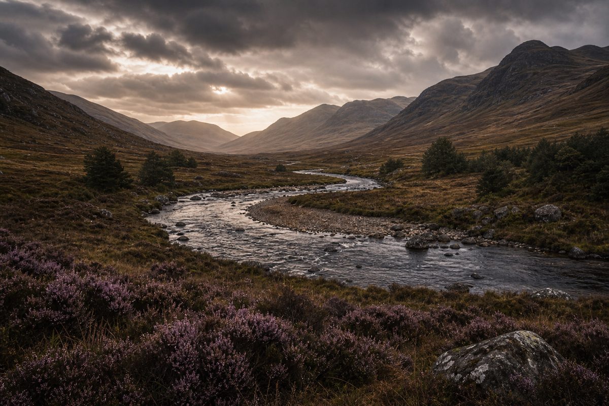 Misty Highland glen and loch in Scotland