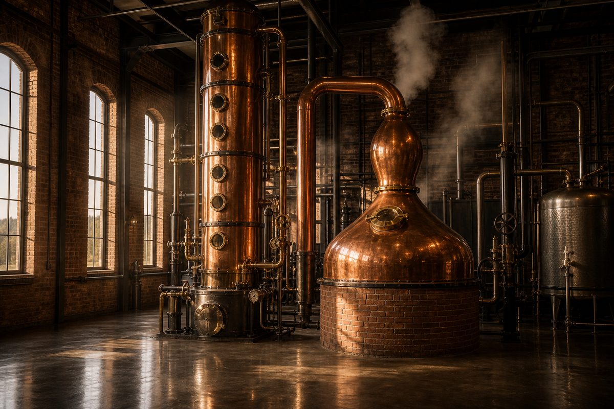 Column still and production floor in an American whiskey stillhouse