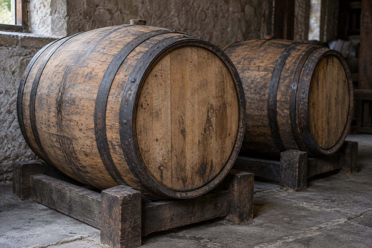 Unmarked oak casks resting on timber supports in a stone store