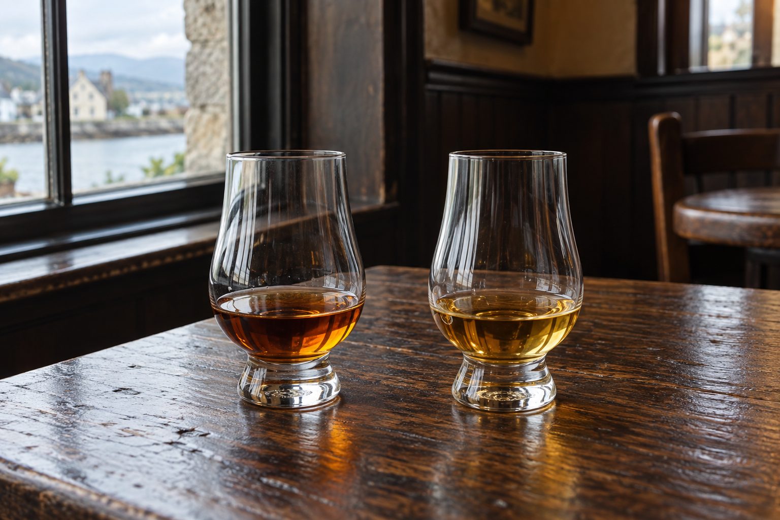 Two tasting glasses of amber whiskey beside a window