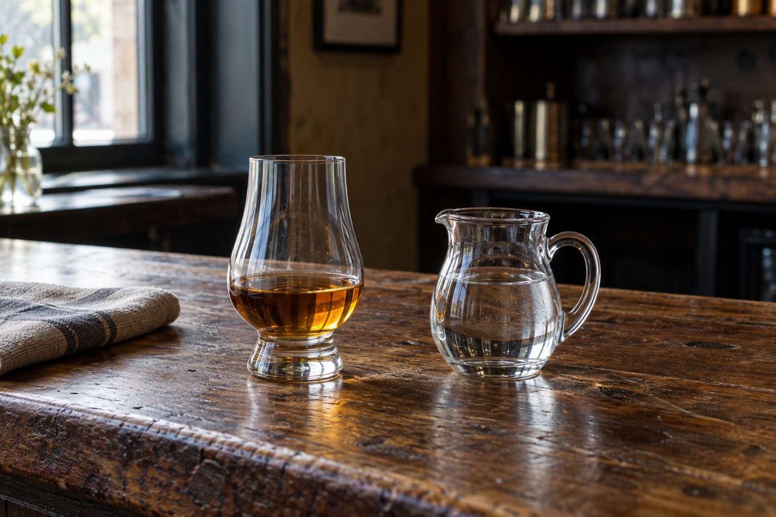 A whiskey tasting glass and a small water jug on a wooden table