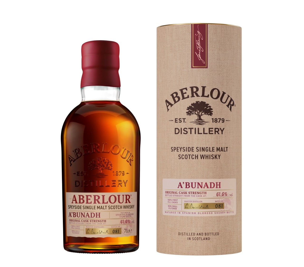 Aberlour A’bunadh batch 081 bottle beside its presentation tube