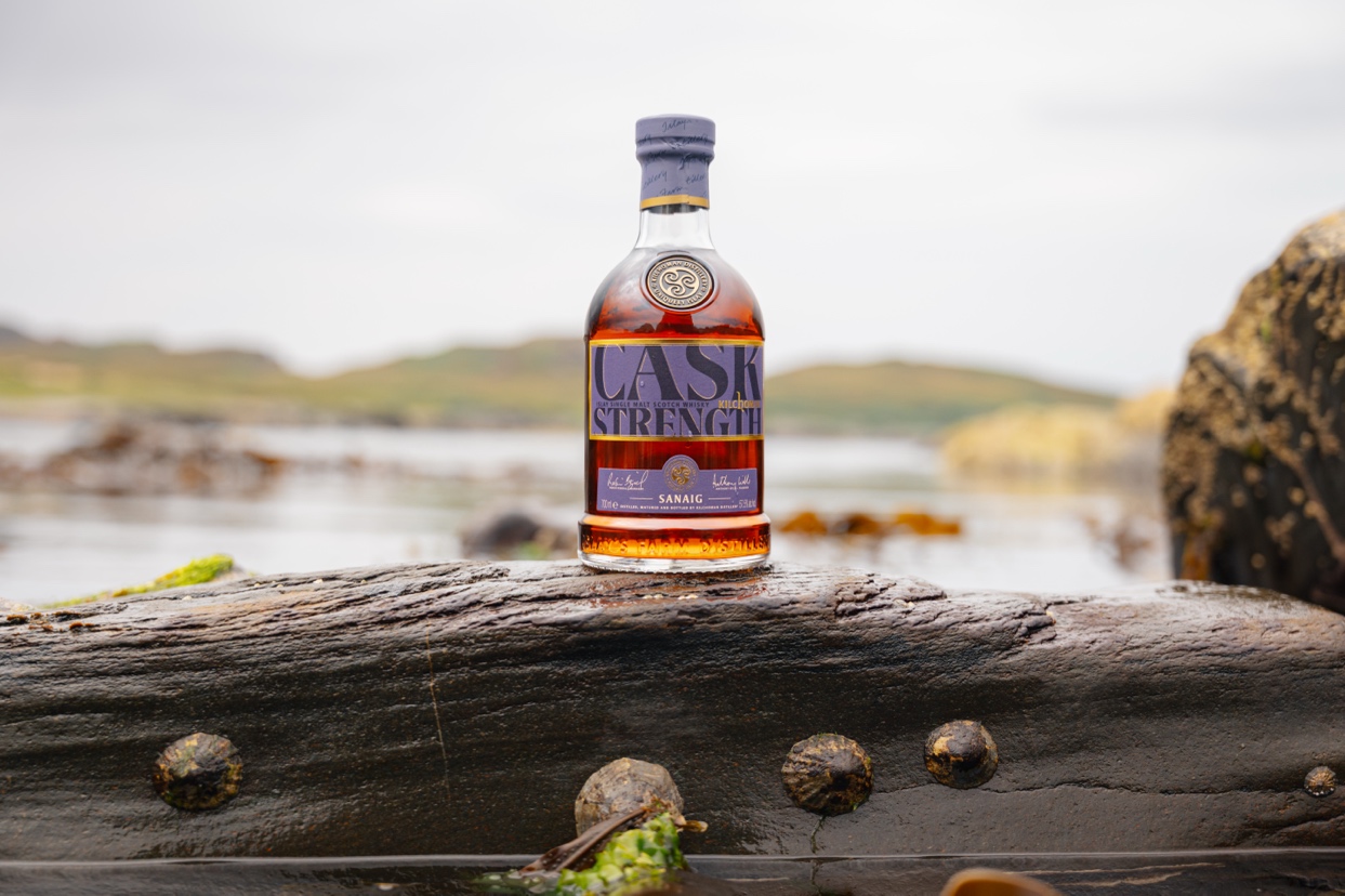 Sanaig Cask Strength 2026 bottle on weathered coastal timber