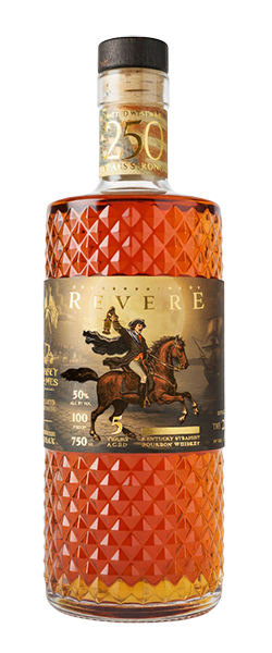 Revere Small Batch bourbon bottle with gold Paul Revere label and patterned glass