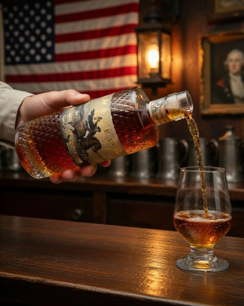 Casey Jones Distillery promotional image of Revere bourbon being poured into a glass
