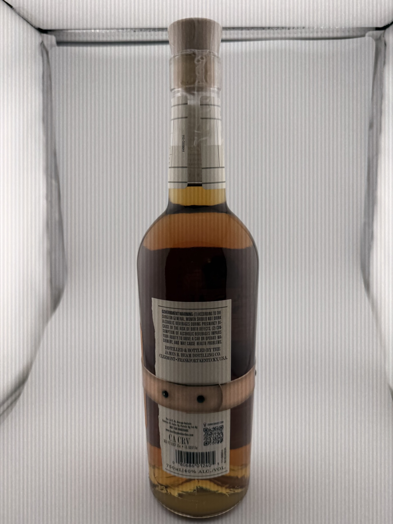Back of the Basil Hayden bottle showing producer details and the lower strength and volume label