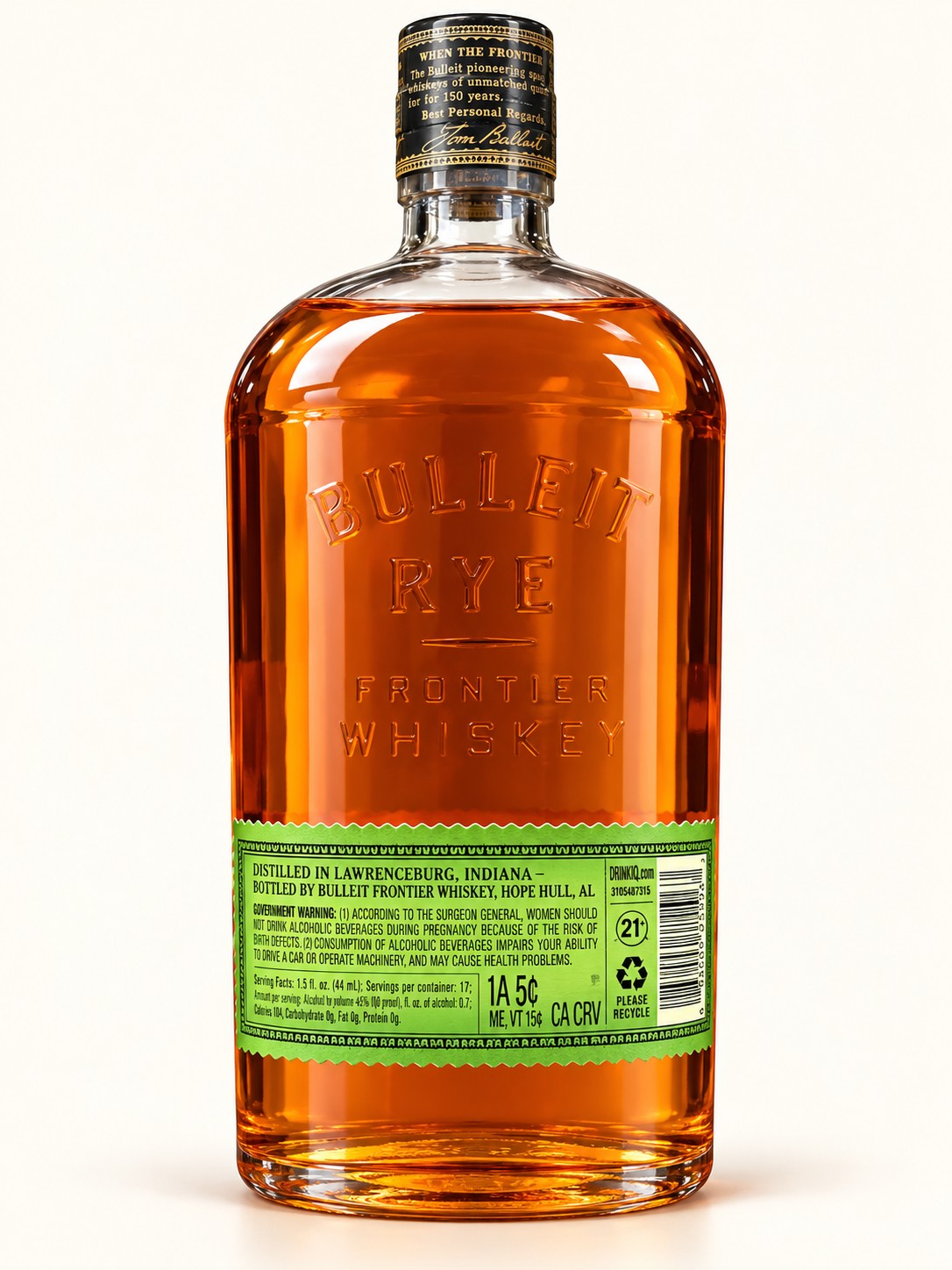 AI-retouched rear Bulleit Rye bottle with green label