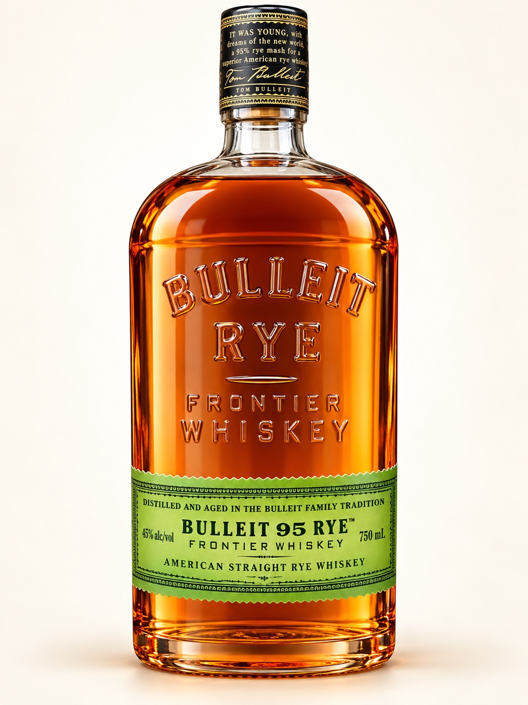 AI-retouched Bulleit 95 Rye bottle with embossed glass, black neck and green label