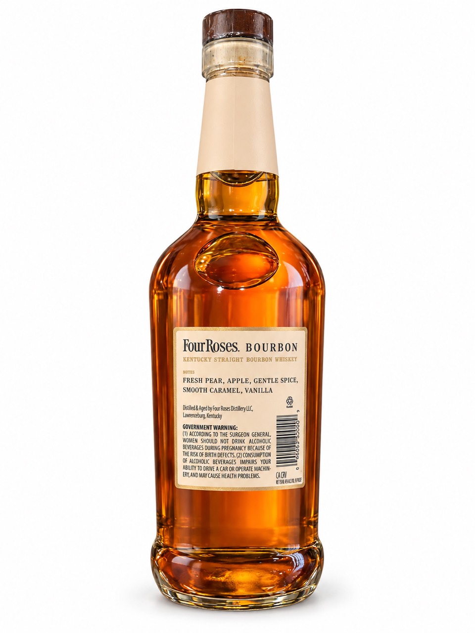 Back of Four Roses Bourbon showing producer tasting notes and the Lawrenceburg, Kentucky distillery identification