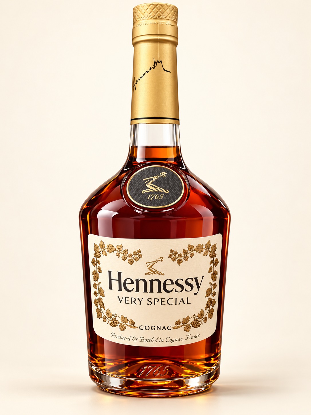 AI-retouched Hennessy Very Special Cognac bottle with gold neck and cream floral label
