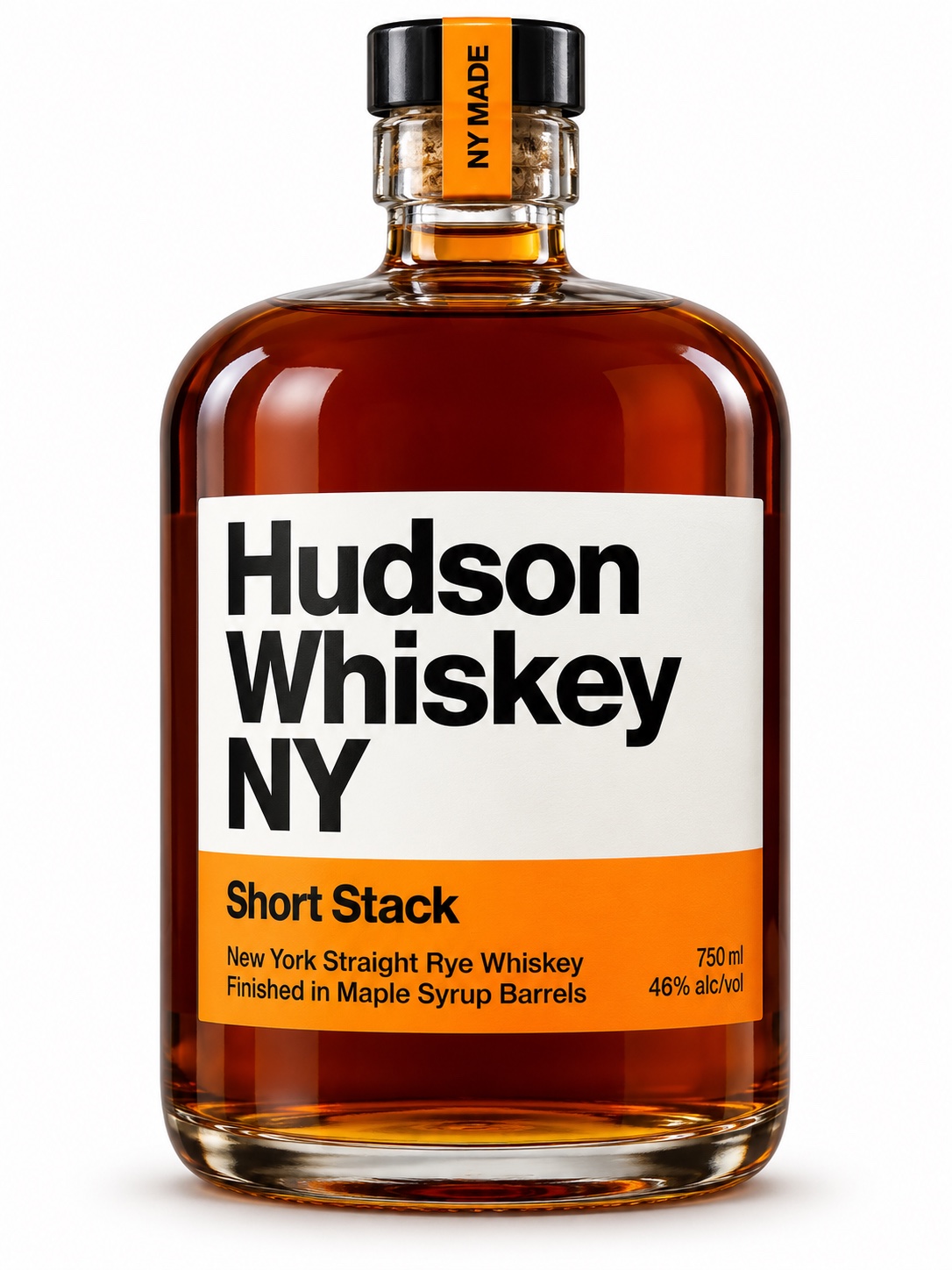 Hudson Short Stack bottle illustration showing New York straight rye whiskey finished in maple syrup barrels, 46 percent ABV and 750 ml
