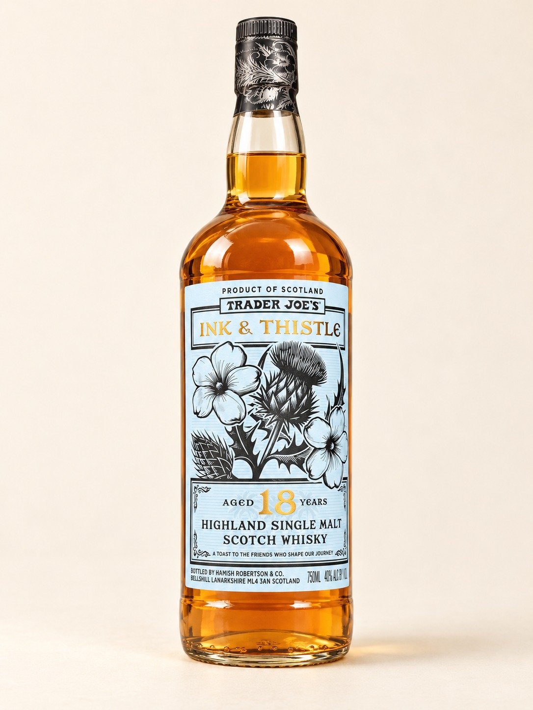 AI-retouched Ink & Thistle 18 Year bottle with pale blue floral label and black neck foil