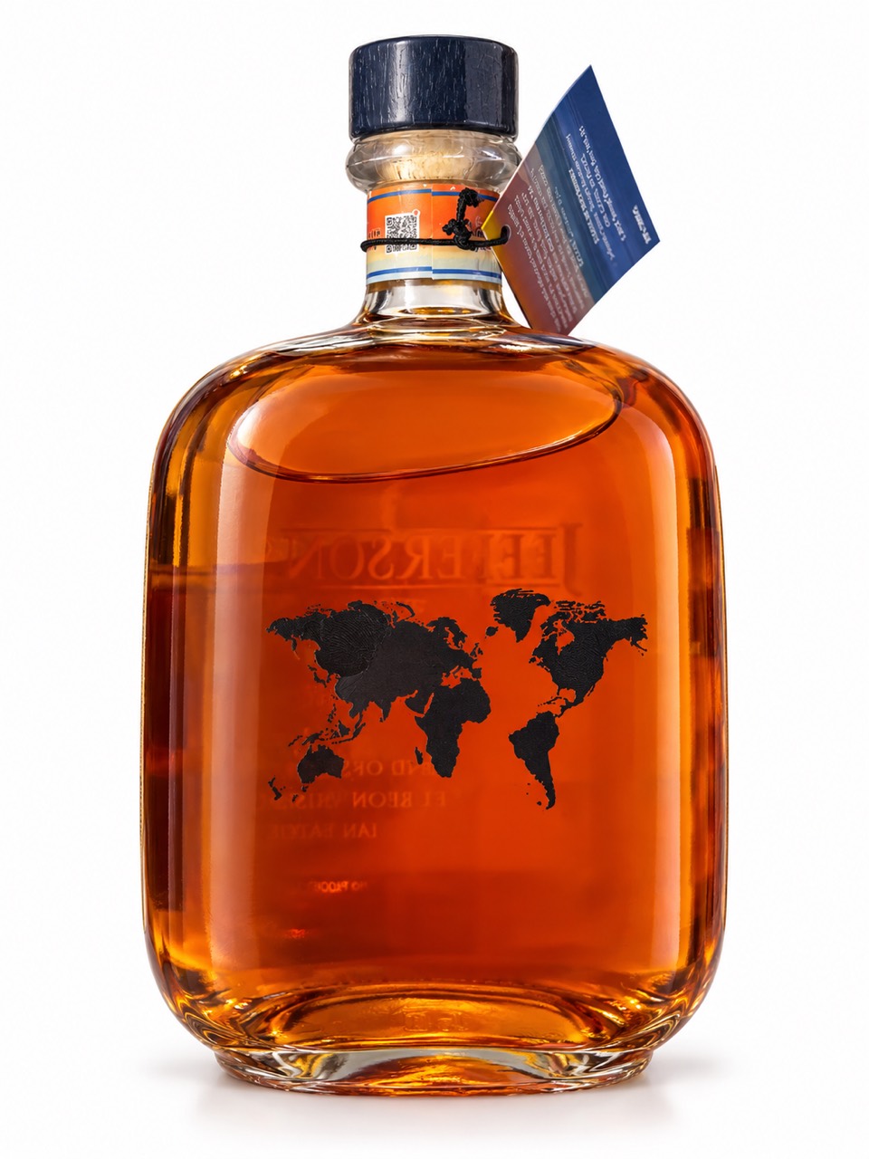 Rear view of Jefferson’s Ocean with a world map and neck hangtag