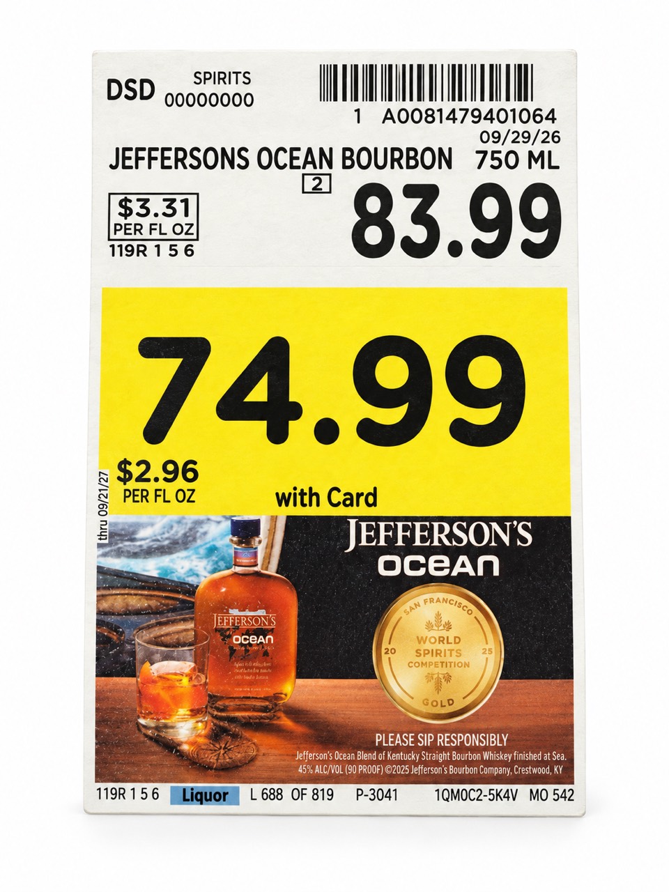 Jefferson’s Ocean 750 ml shelf tag showing 83.99 above 74.99 with card