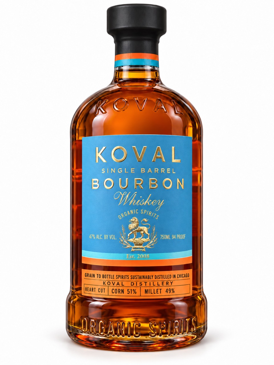 KOVAL Single Barrel Bourbon front label showing 47 percent ABV, 94 proof, 750 ml and a corn and millet mash bill