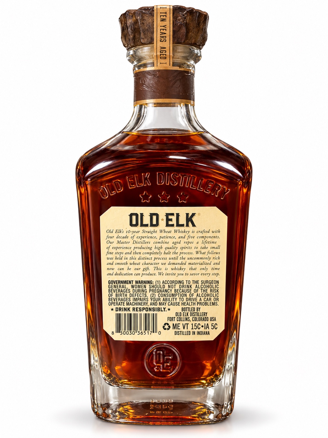 AI-retouched Old Elk rear bottle with Indiana distillation and Fort Collins Colorado bottling statements
