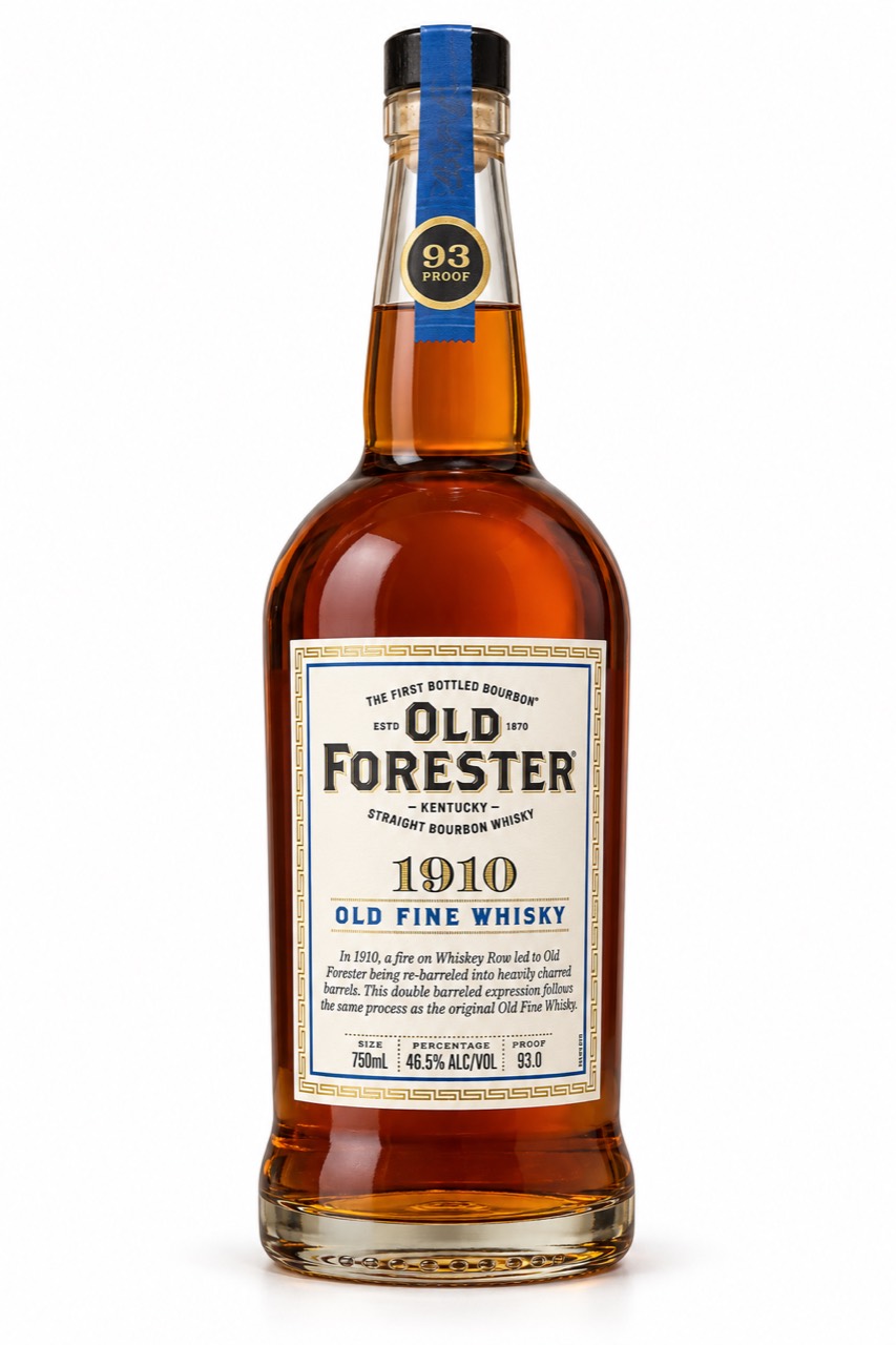 Old Forester 1910 Old Fine Whisky front label showing Kentucky straight bourbon whisky, 46.5 percent ABV, 93 proof and 750 ml