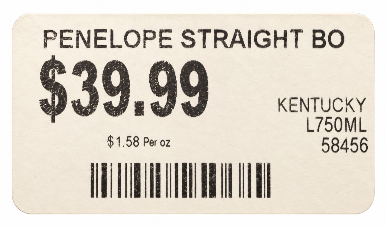 Garfield’s shelf tag for Penelope bourbon showing 39.99 and 750 ml
