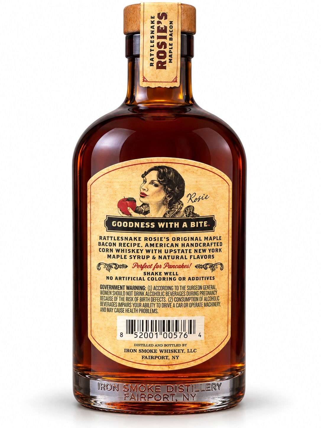 AI-retouched rear bottle with Rosie artwork, corn-whiskey recipe wording and Iron Smoke Whiskey Fairport New York distiller and bottler statement
