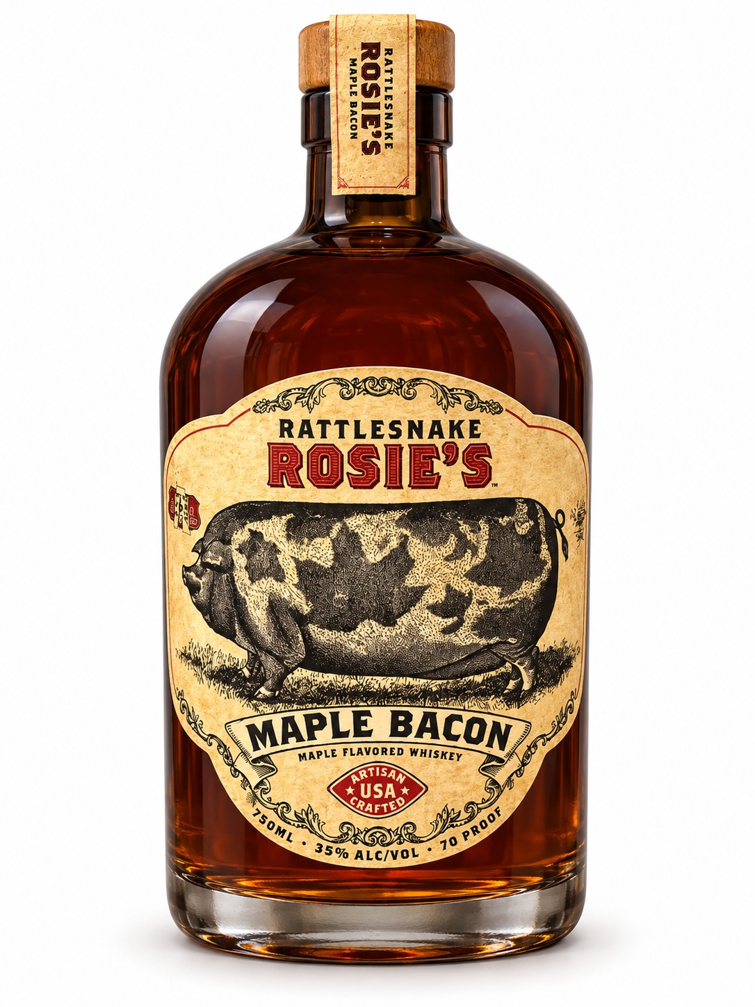 Cleaned Rattlesnake Rosie’s Maple Bacon bottle with pig illustration, parchment label and wooden stopper