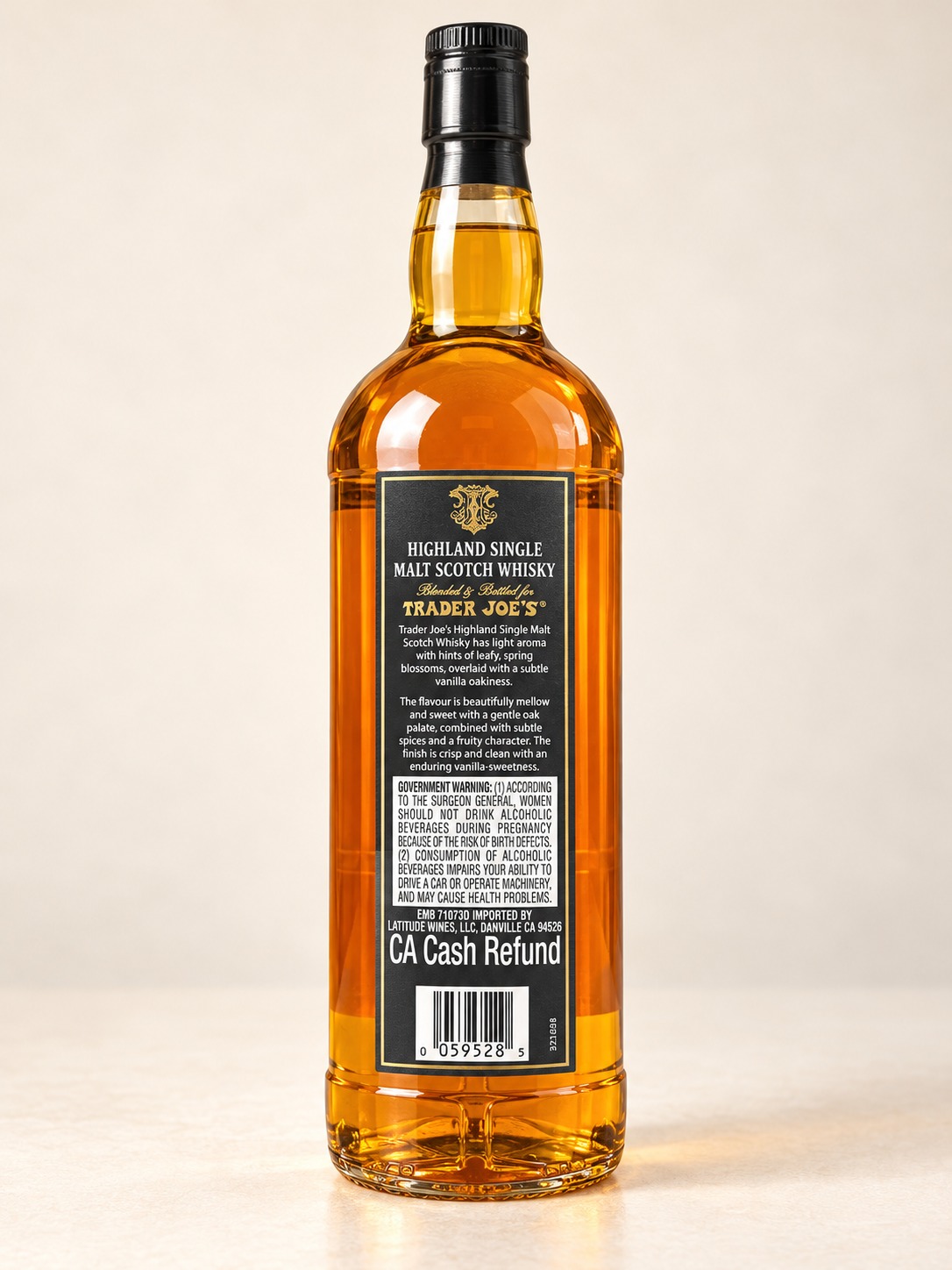 AI-retouched rear Trader Joe’s Highland bottle with black and gold label