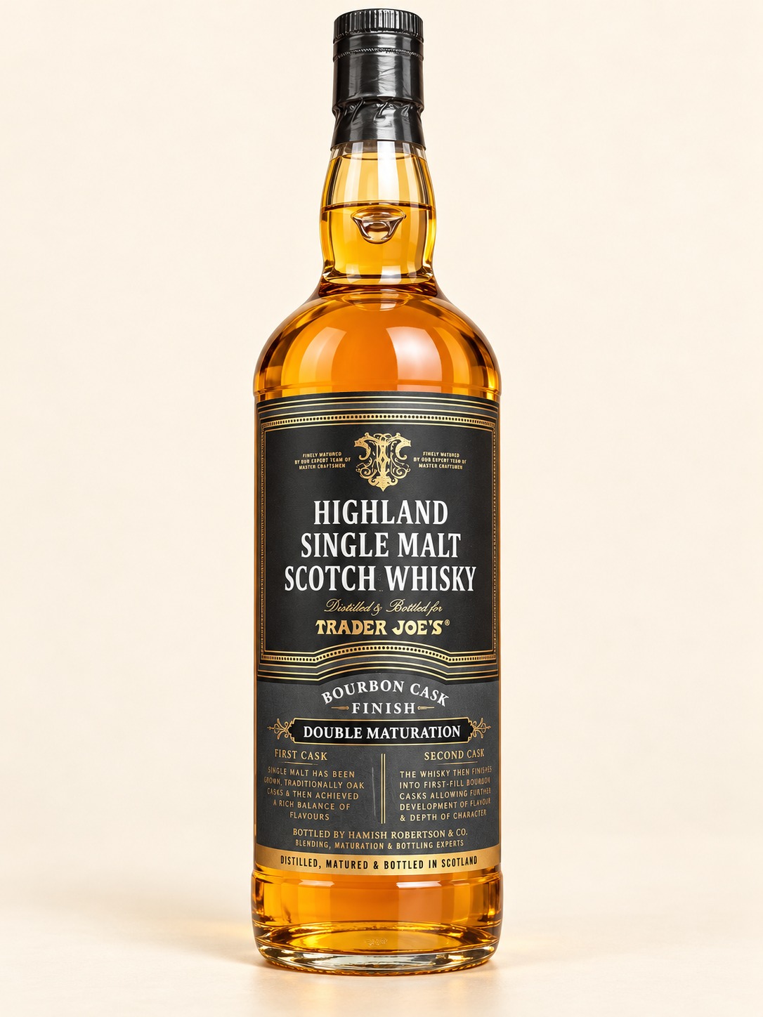 AI-retouched Trader Joe’s Highland Single Malt Scotch Whisky bottle with black and gold Bourbon Cask Finish label