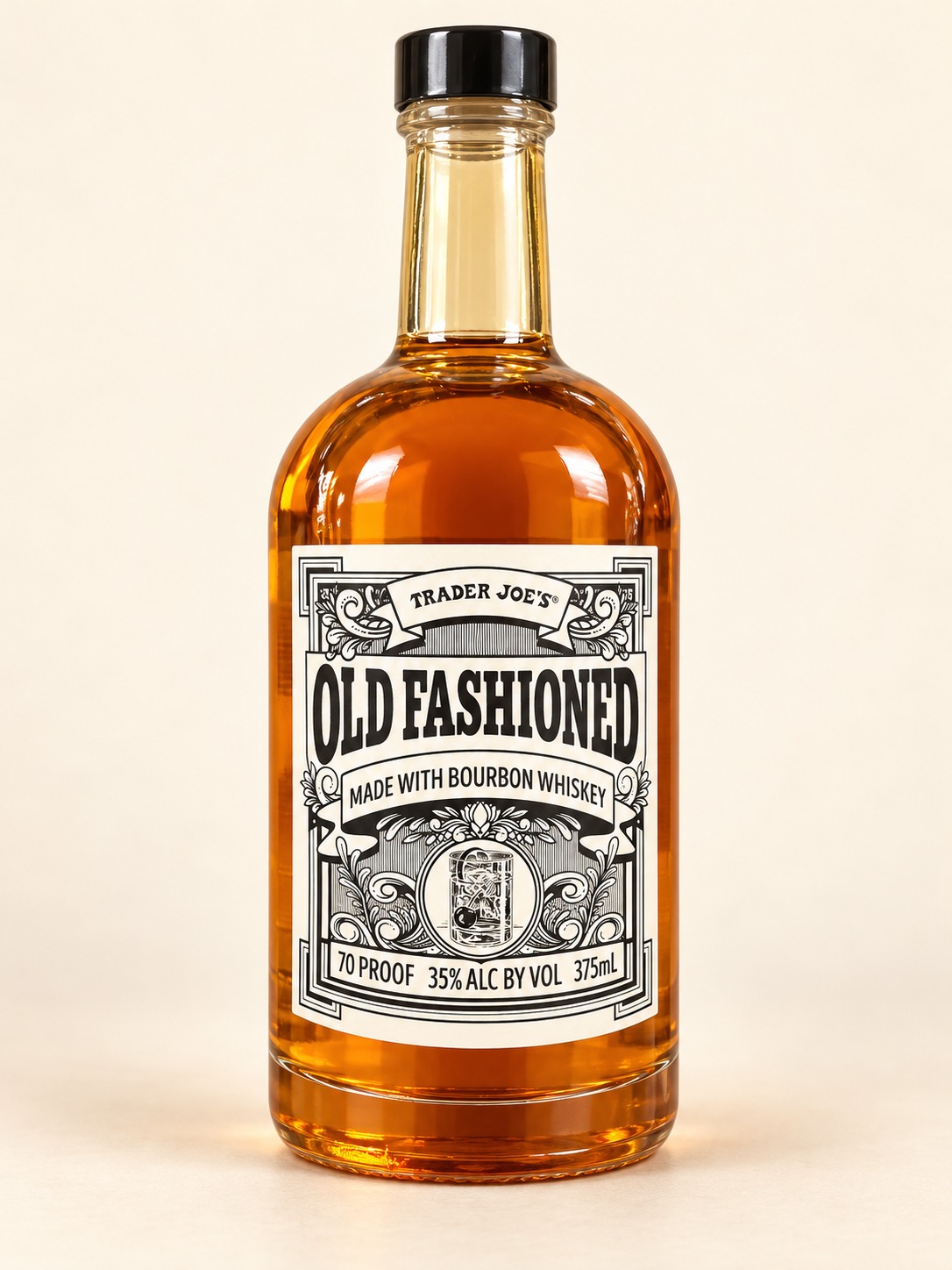 AI-retouched Trader Joe’s Old Fashioned bottle with ornate black and cream label