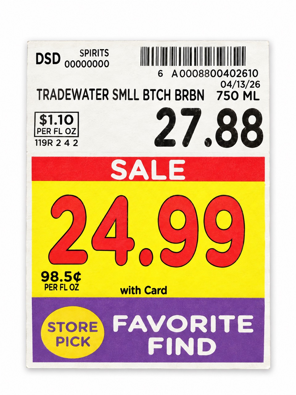 Tradewater 750 ml shelf tag showing 27.88 and a 24.99 sale price with card