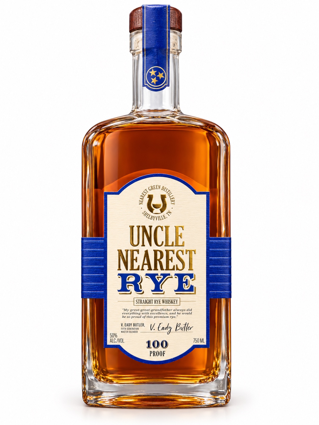 Uncle Nearest Rye bottle illustration showing 50 percent ABV, 100 proof and 750 ml