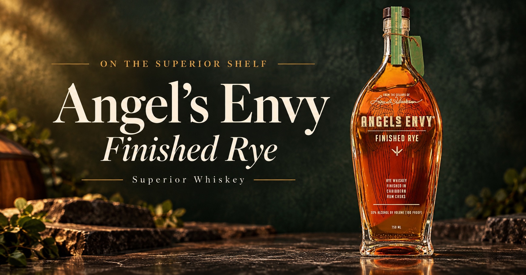 Angel’s Envy Finished Rye editorial cover in forest green and amber with Superior Whiskey branding