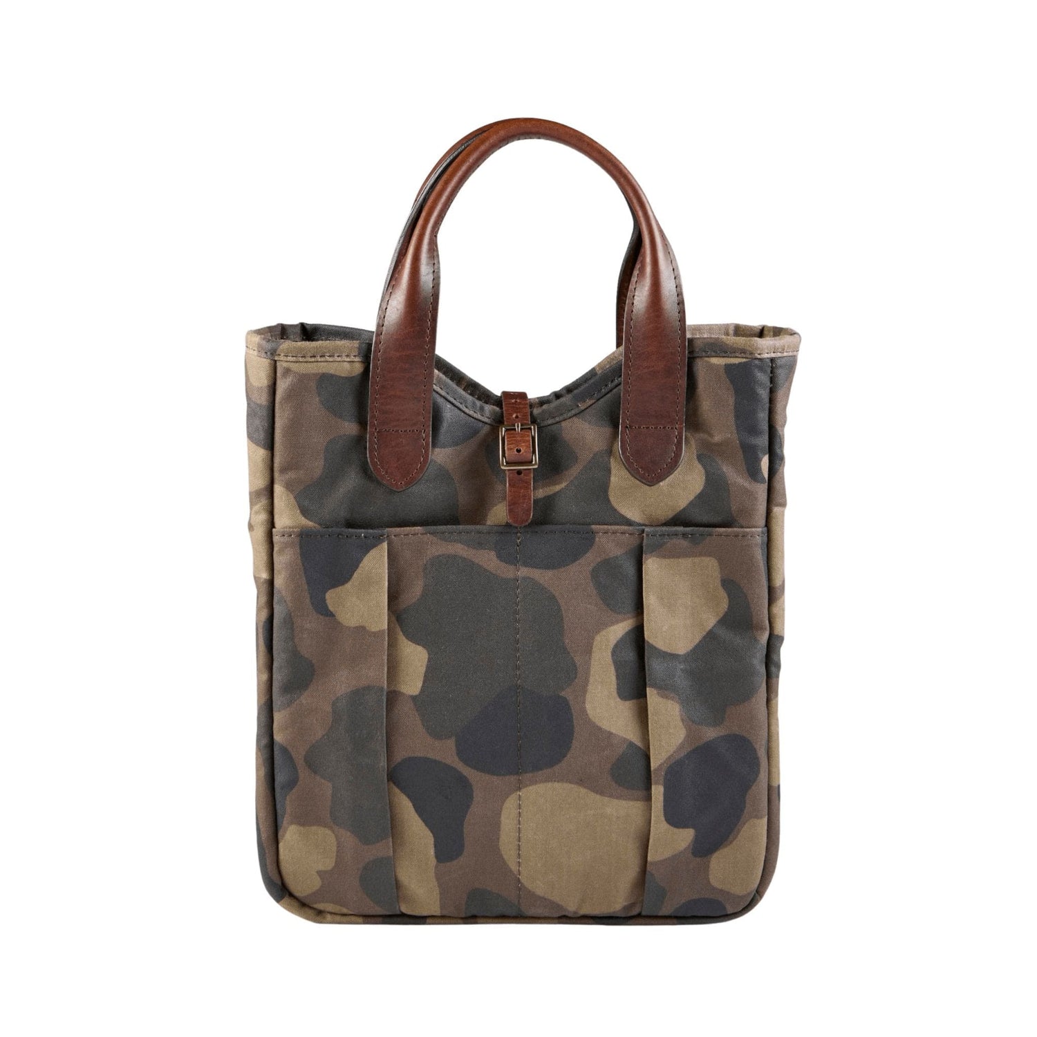 Tom Beckbe Classic Camo Whiskey Tote in Timber camouflage with brown leather handles